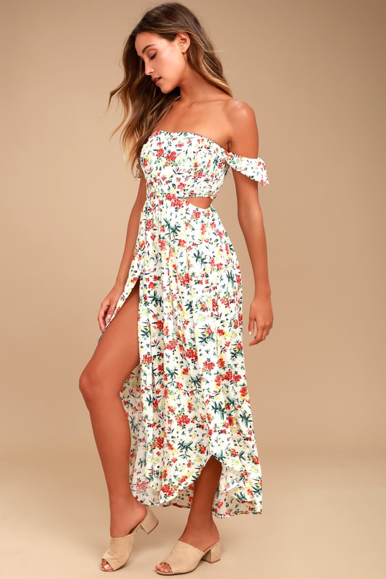 2-1 Easy on the eyes cream floral print off the shoulder maxi dress