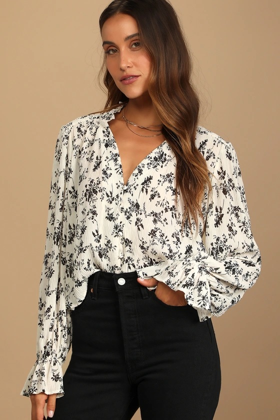 4-1 Keep Things Classy Beige Floral Print Button-up Long Sleeves Top